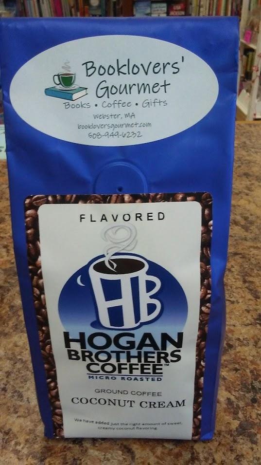 A bag of Hogan Brothers coconut cream ground coffee with a Booklovers' Gourmet label